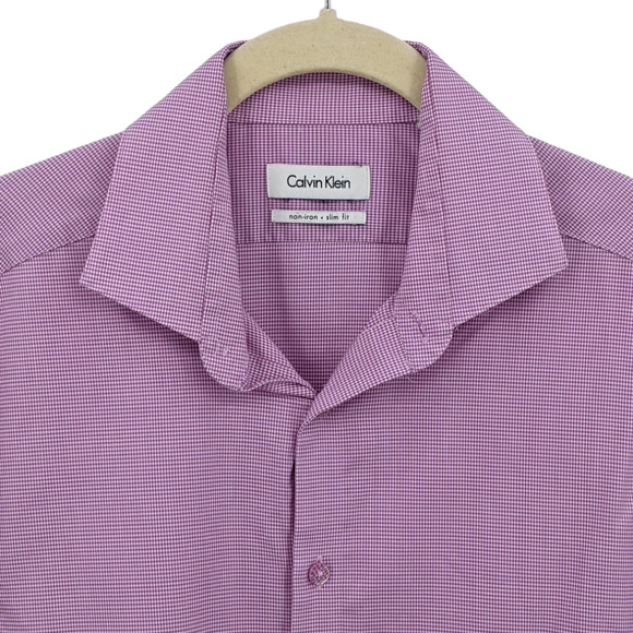 Calvin Klein Sz 15.5 34 35 Purple Micro Houndstooth Button Front Shirt Collared - Picture 3 of 7
